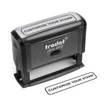 Trodat Printy 4918 self-inking stamp labeled “Customize Your Stamp,” shown with a printed example of its rectangular impression.