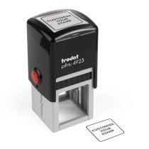 Trodat Printy 4923 self-inking stamp displayed upright beside a square “Customize Your Stamp” impression
