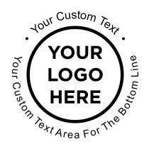 Custom Rubber Stamp design preview featuring 'Your Logo Here' in the center and editable custom text around the border