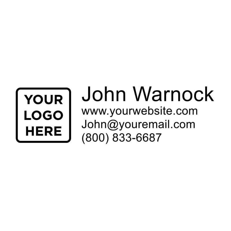 Self-inking stamp design with a logo on the left and up to four lines of custom text on the right, arranged in a clean, horizontal layout