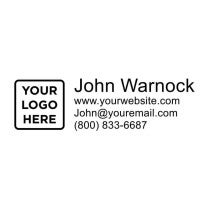 Self-inking stamp design with a logo on the left and up to four lines of custom text on the right, arranged in a clean, horizontal layout