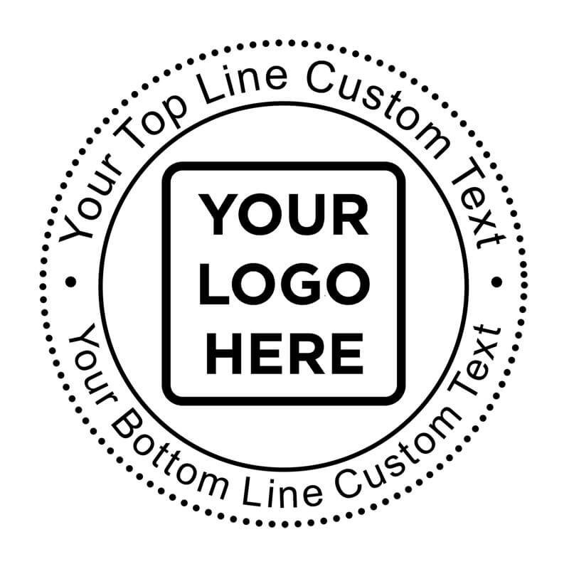 Custom Rubber Stamp impression design reading “Your Logo Here” inside of a circle with customizable text on top and bottom arcs