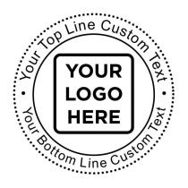 Custom Rubber Stamp impression design reading “Your Logo Here” inside of a circle with customizable text on top and bottom arcs