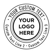 Preview of double ring custom round stamp design featuring 'Your Logo Here' in the center and placeholder text around the outer ring
