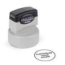 Pre-inked MaxLight stamp with a round base, shown next to a circular stamp impression reading “CUSTOMIZE YOUR STAMP”