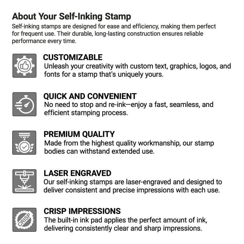 Infographic showing self-inking stamp performance features including customizablity, efficiency, premium quality, precise laser engraving, and clear impressions