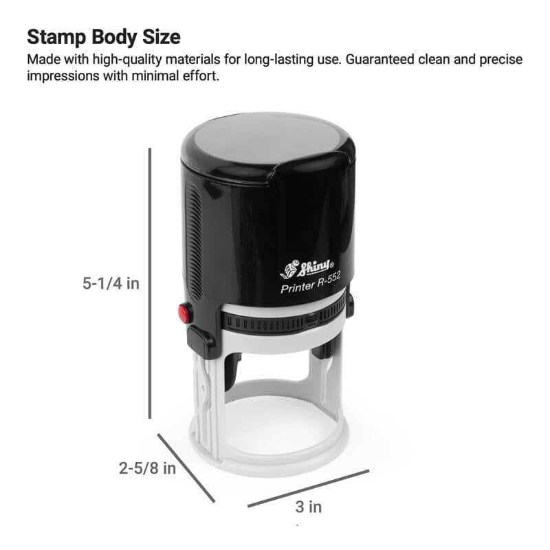 The Shiny Printer R-552 round self-inking stamp shown upright with labeled body dimensions: 5-1/4" tall x 3" wide x 2-5/8" deep