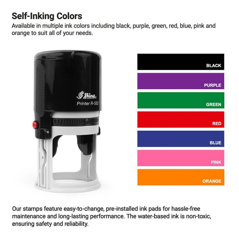 stamp next to swatches of available ink colors including black, blue, red, green, pink, orange, and purple for customization