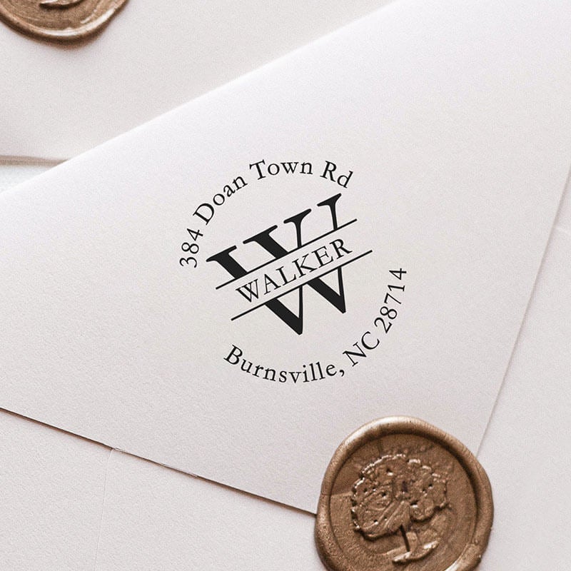 An example of the Walker Letter Return Address Stamp impression on a white envelope