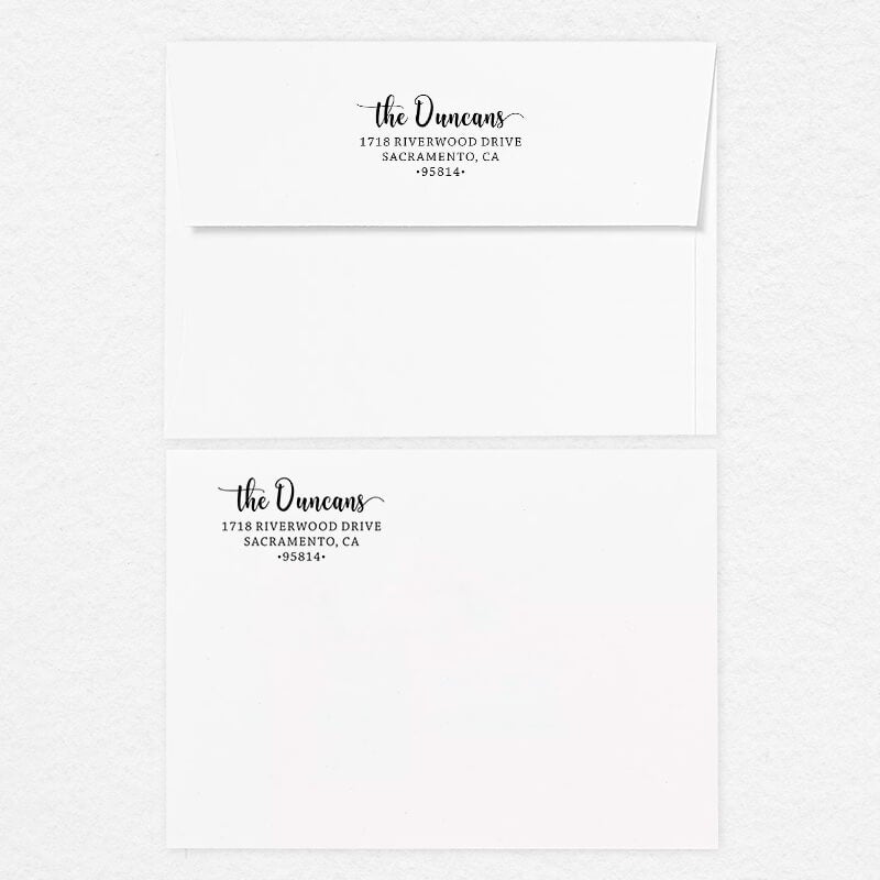 Examples of the Duncan Script Address Stamp impression on white envelopes