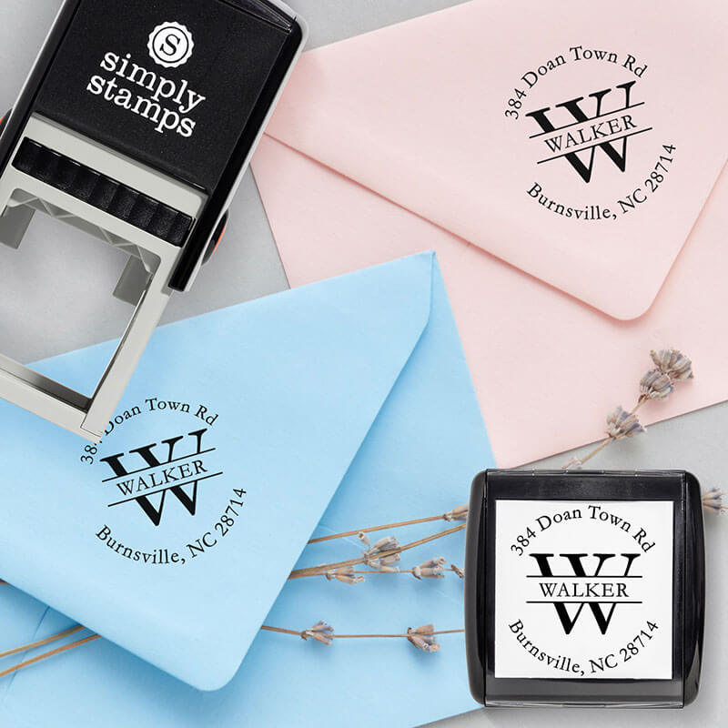 Examples of the Walker Letter Return Address Stamp body and impressions on envenlopes
