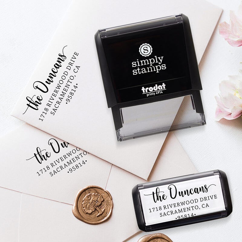An example of the Duncan Script Address Stamp impression on envelopes