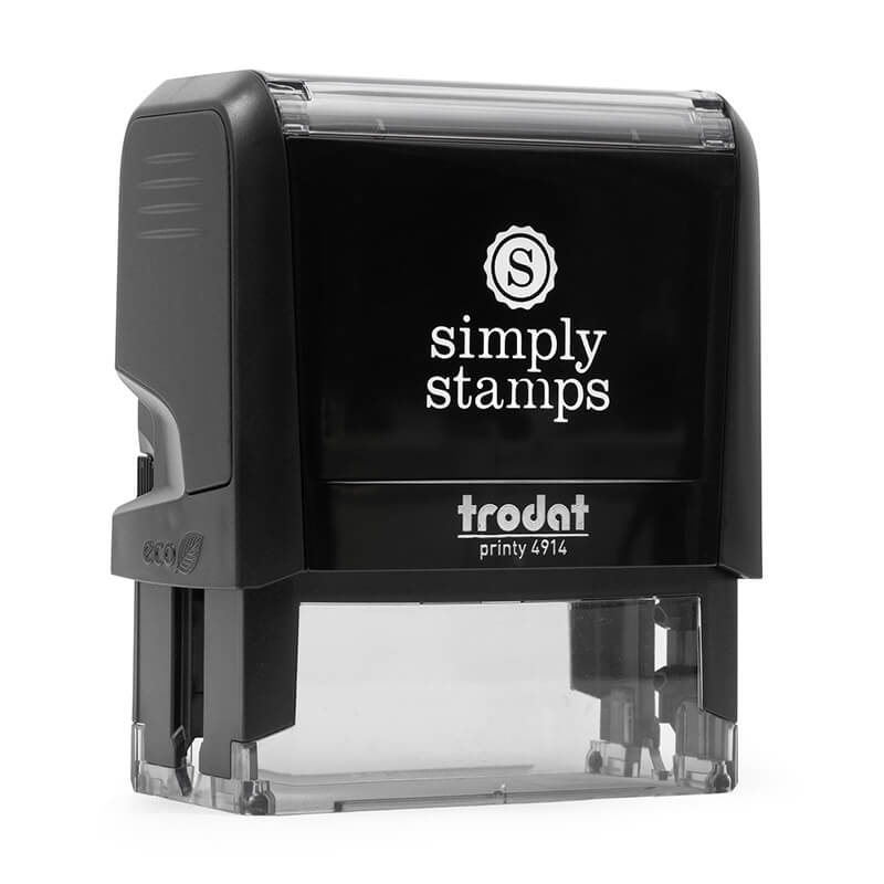 Front angled view of the Trodat Printy 4914 stamp body used with the Dupont Brush Return Address Stamp