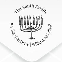 Menorah Round Custom Hanukkah Address Stamp design close up on an envelope