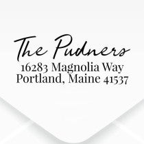 Relaxed Script Custom Address Stamp design, close up on an envelope