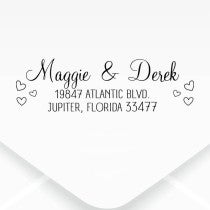 Couple Hearts Handwritten Address Stamp design, close up on an envelope