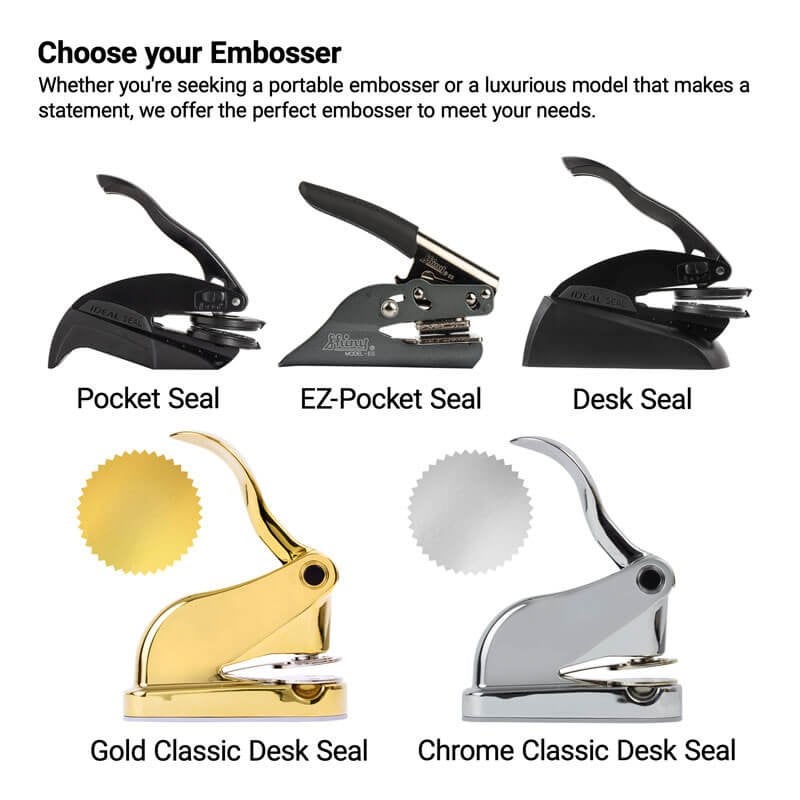 Five embossers in different styles including pocket seal, EZ-pocket seal, desk seal, and gold and chrome classic desk seals