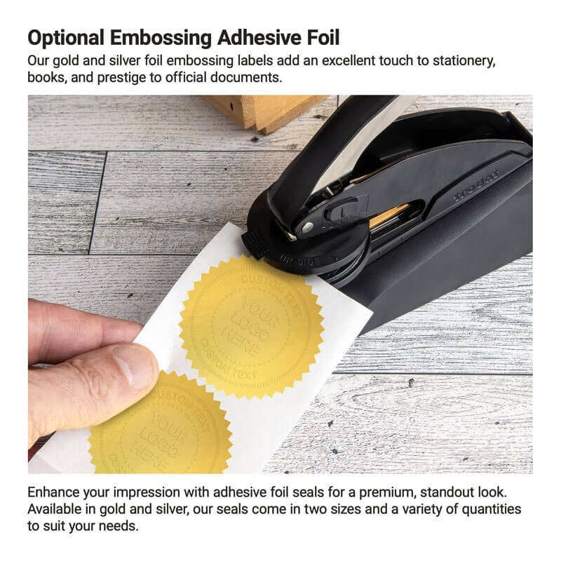 Hand placing gold foil seal into a black embosser for applying custom embossed labels
