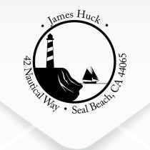 Nautical Lighthouse with Ship Round Address Stamp design close up on an envelope