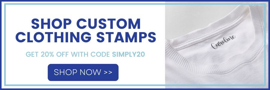 shop custom clothing stamps, get 20% of with code simply20, shop now