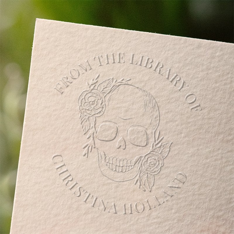 Floral Skull custom book embosser impression on paper