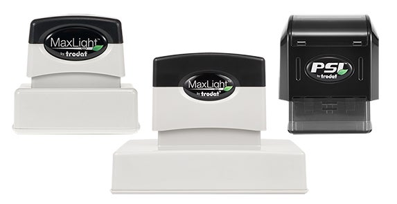 image of 3 pre-inked stamps on a white background